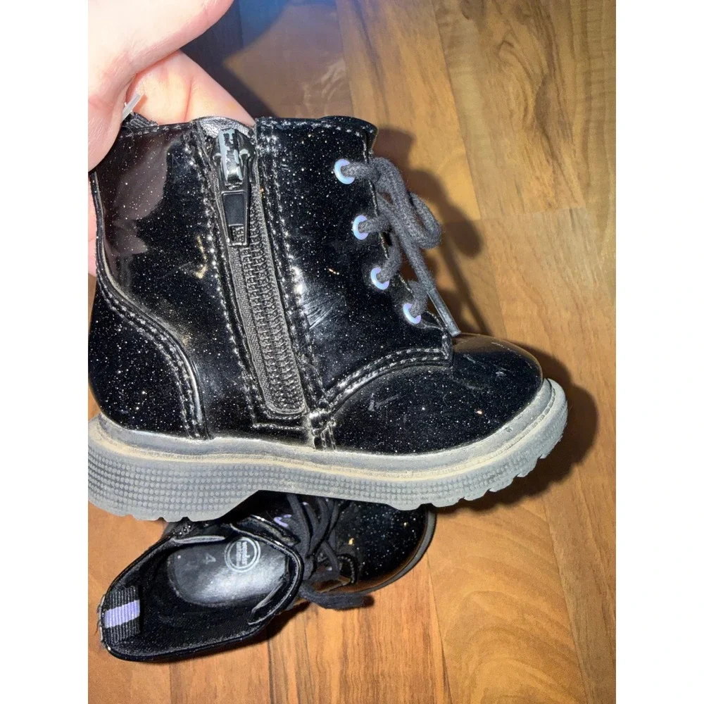 Wonder Nation Kids Black Glitter‎ Lace Up Zip Combat Boots Size 4 combat goth